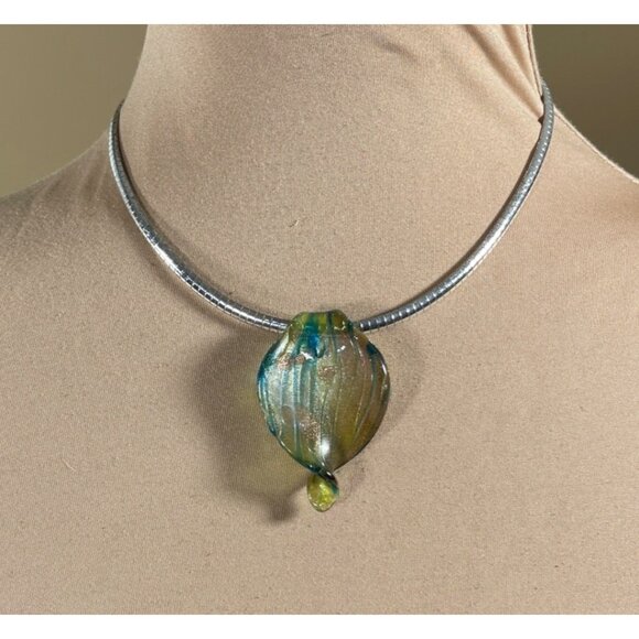Murano Style Art Glass Necklace Pendant Silver Tone Omega Green Blue - Picture 1 of 6